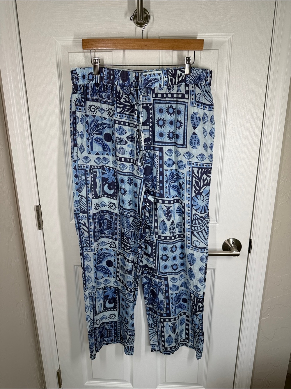 Haute Hippie blue print lightweight cotton wide leg pants size XL
